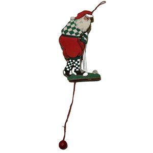 Vintage Wood Pull String Ornament Santa Golfer Movable Puppet Christmas